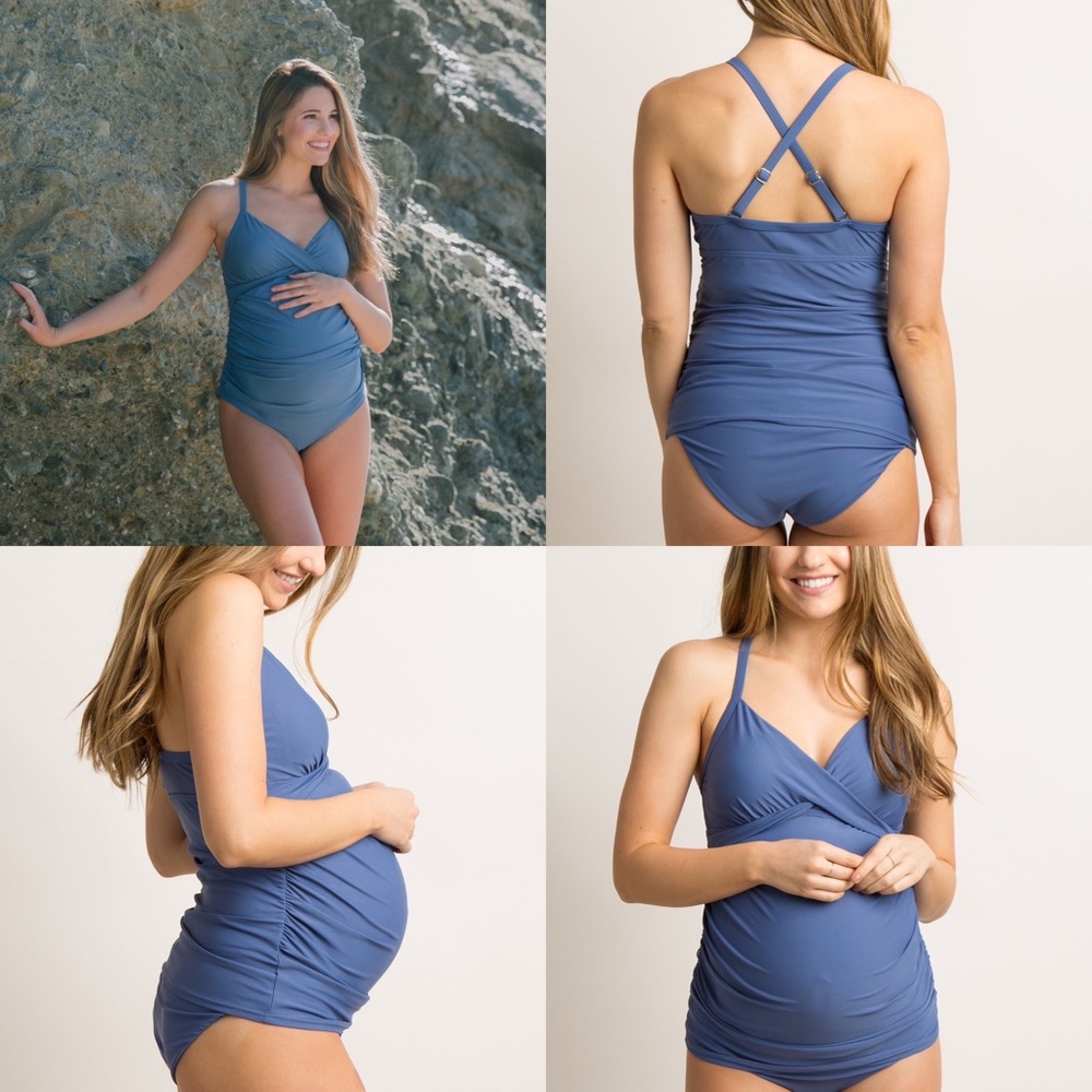 Blue Grey Solid Wrap Front Maternity Tankini Top and bottom Size M NWT